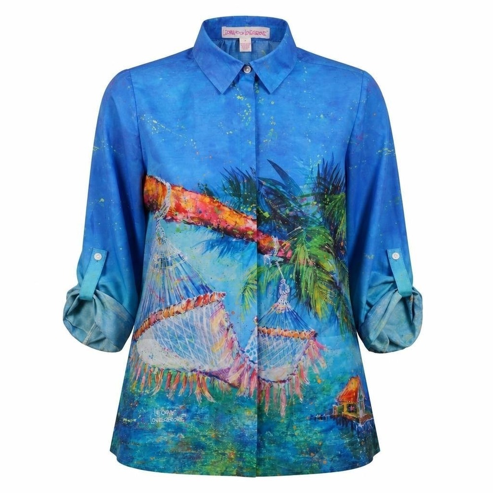 Leoma Lovegrove Shirt Womens M Blue Tropical Hammock Roll Tab Sleeve Coastal